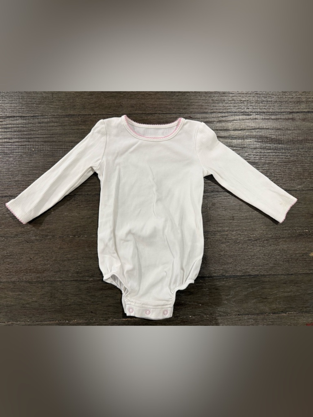 SweetHoney White Ribbed Long-Sleeve One-Piece with Pink Trim